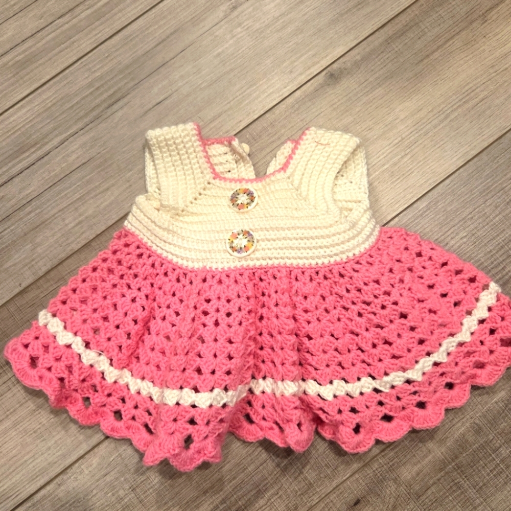 Pink and White Crochet Baby Dress Handmade |  Vintage Outfit